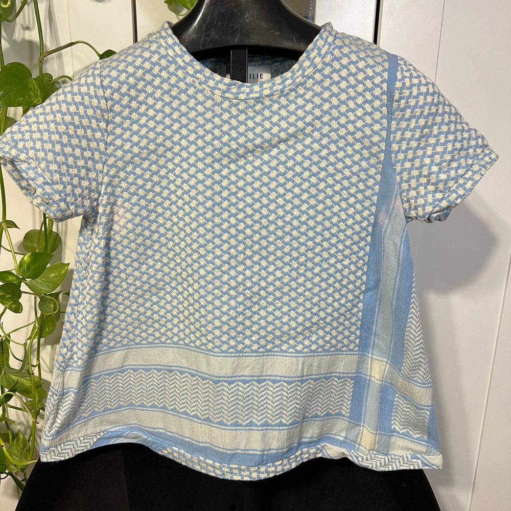 Cecilie Copenhagen Blue and White Patterned Short Sleeve Top